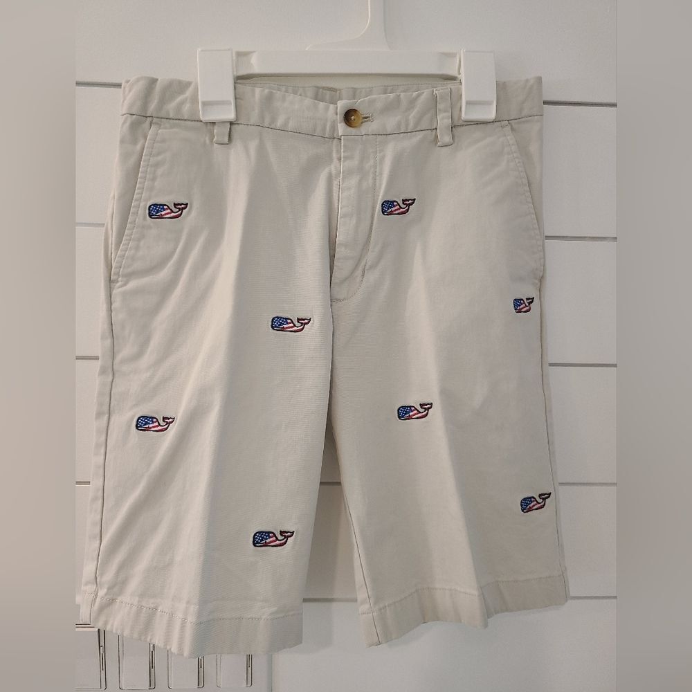 Vineyard Vines Khaki Flat Front Shorts with Whale Embroidery